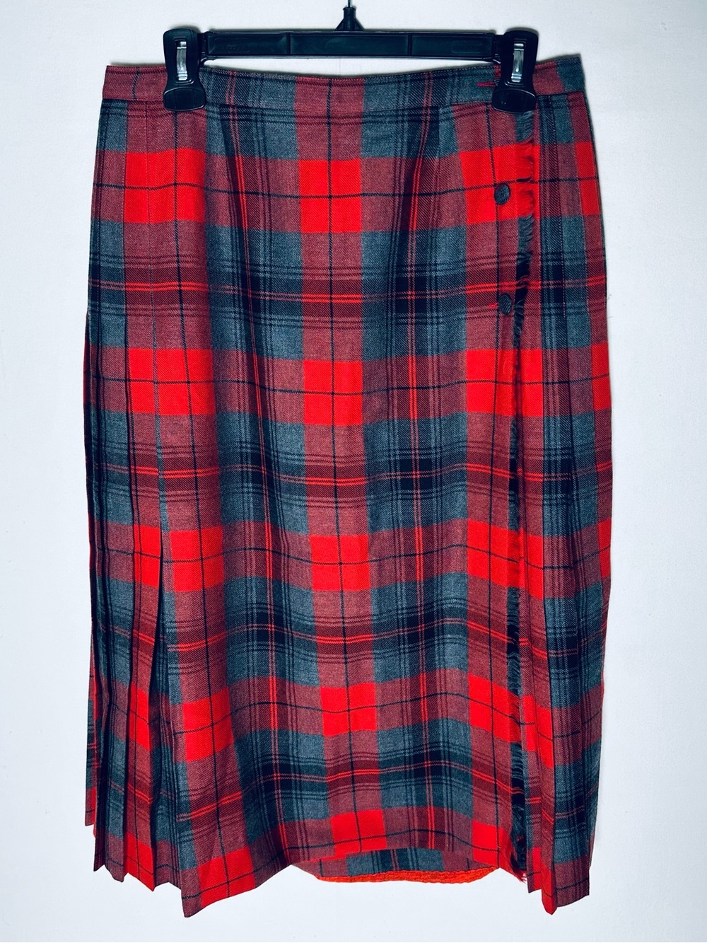 Vintage Aljean Red Grey Plaid Pure Virgin Wool Pleated Kilt Midi Skirt M Twee